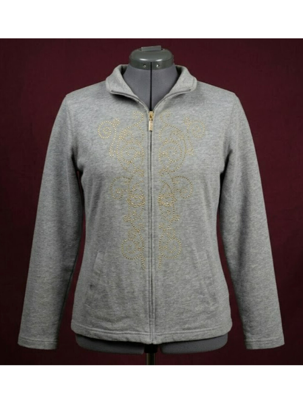 Onque Casuals Women's Full Zip Sweatshirt Jacket Size M Gray Rhinestone Accent